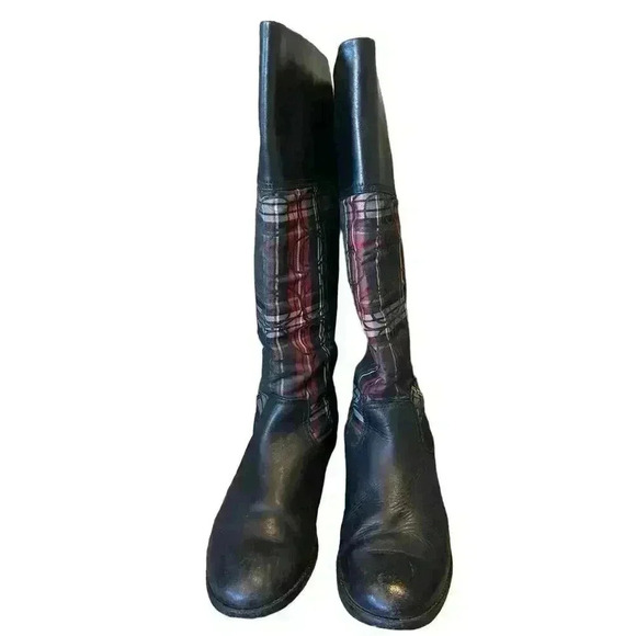 COACH CHRISSI BLACK LEATHER WITH MONOGRAM LOGO PLAID EQUESTRIAN BOOTS SIZE 8.5 - Picture 2 of 10